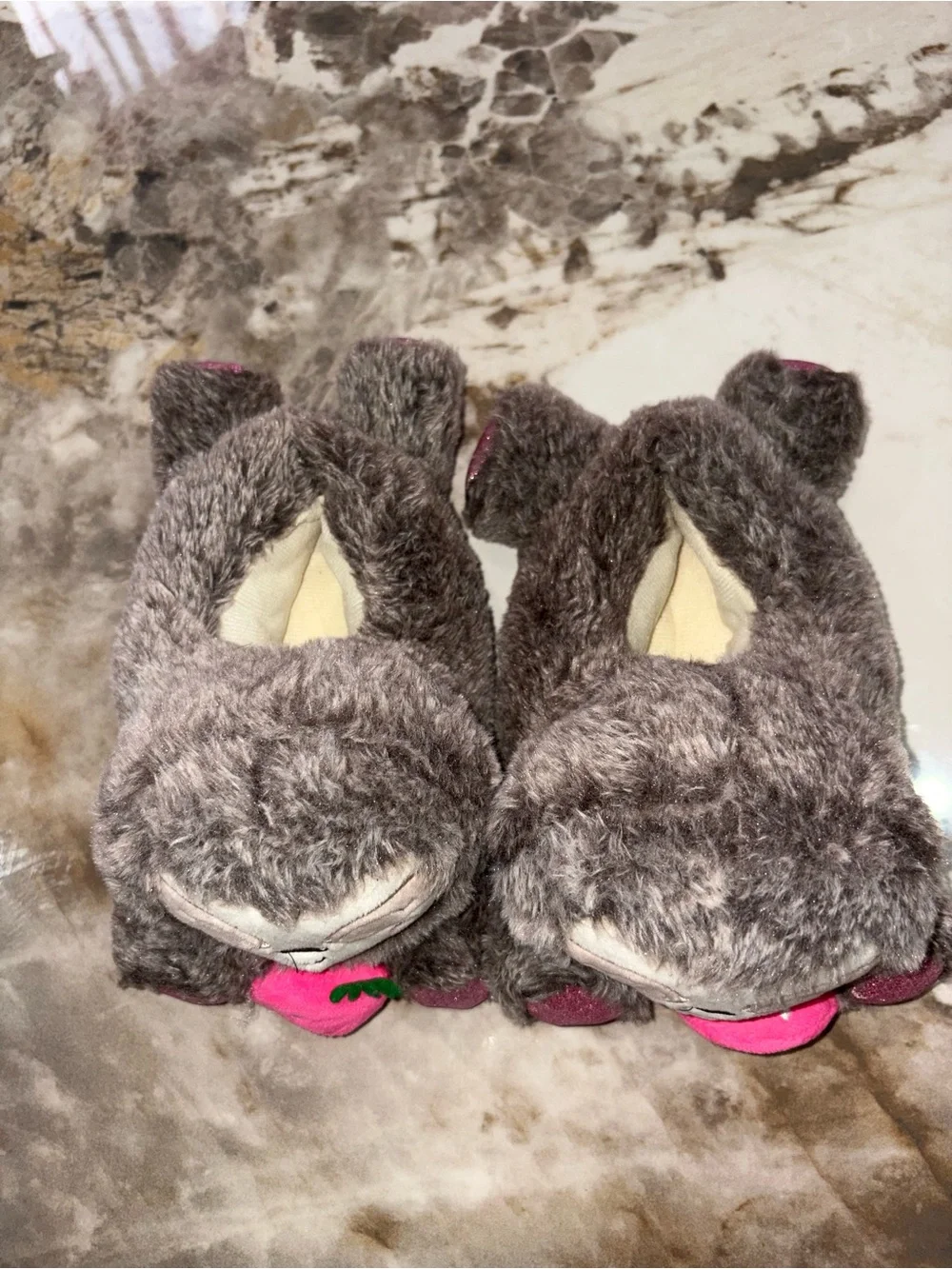 Plush Sloth Slippers with Pink Strawberry Accent
